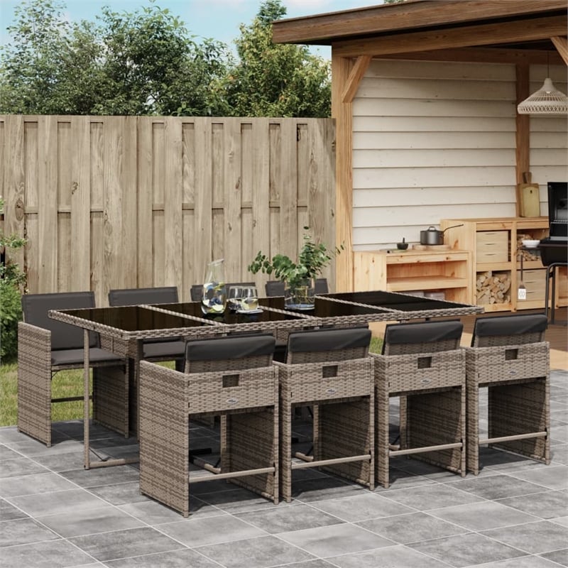 vidaXL 9 Piece Patio Dining Set with Cushions Gray Poly Rattan