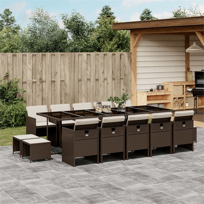 vidaXL 15 Piece Patio Dining Set with Cushions Brown Poly Rattan