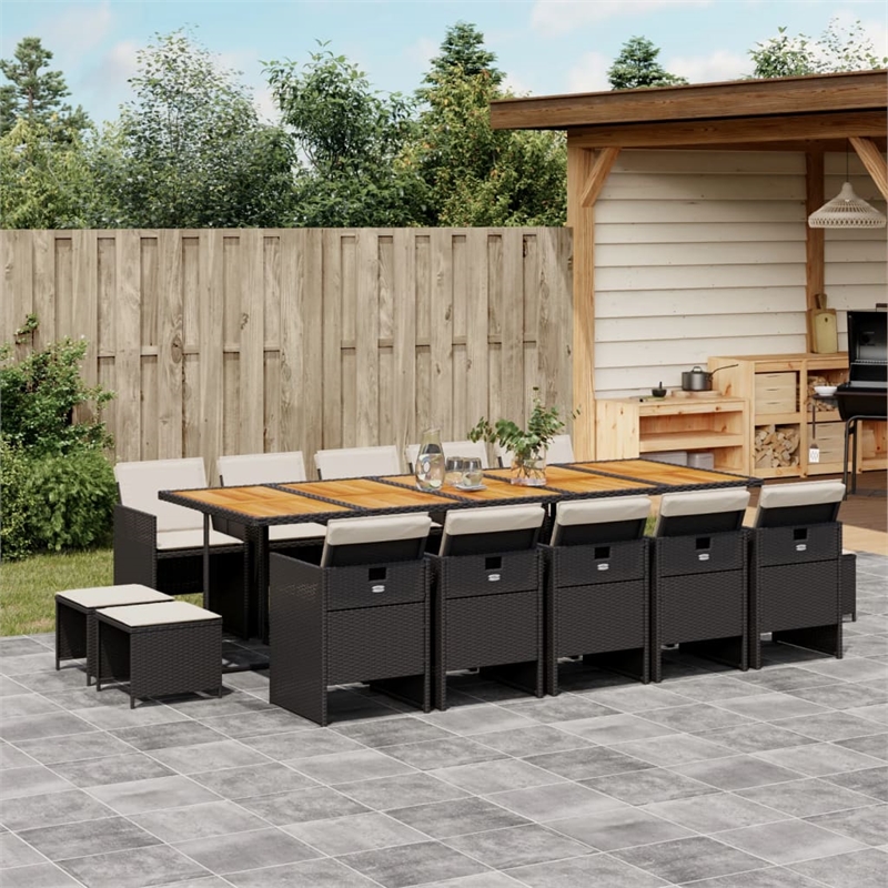 vidaXL 15 Piece Patio Dining Set with Cushions Black Poly Rattan