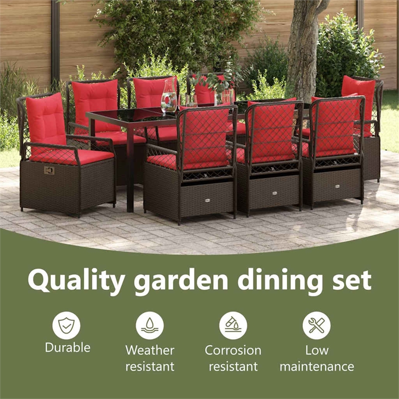 vidaXL Garden Dining Set 9 pcs Brown Poly Rattan