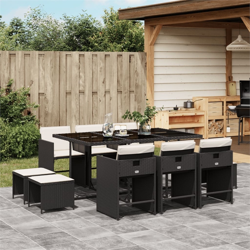 vidaXL 11 Piece Patio Dining Set with Cushions Black Poly Rattan