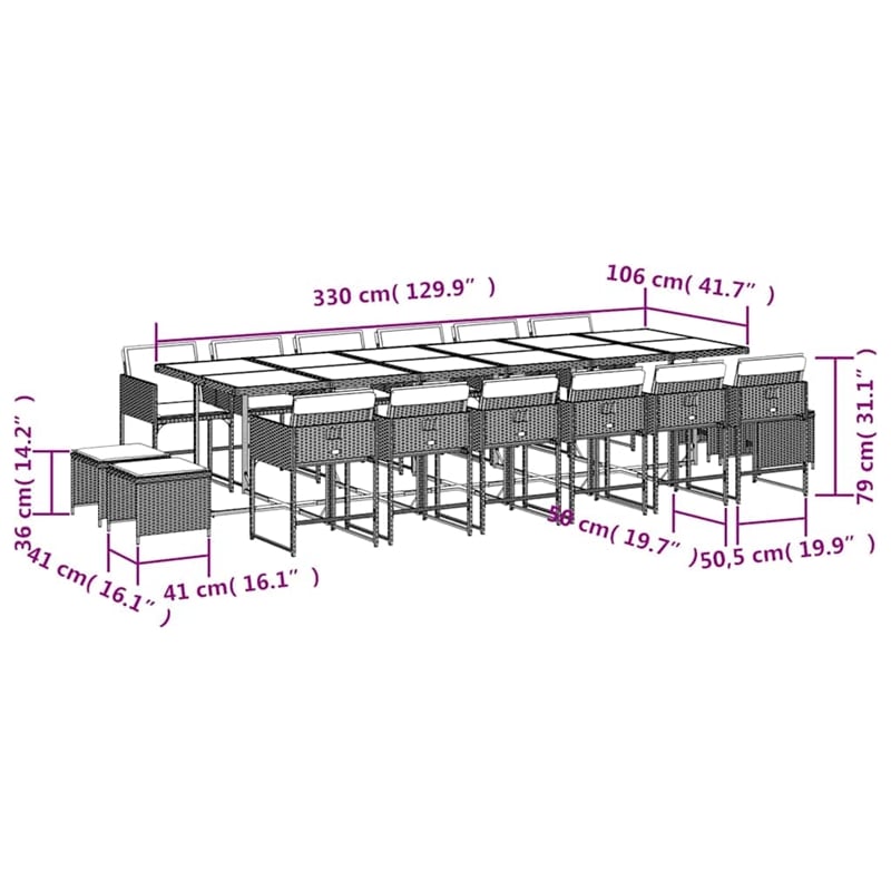 vidaXL 17 Piece Garden Dining Set with Cushions Beige Poly Rattan