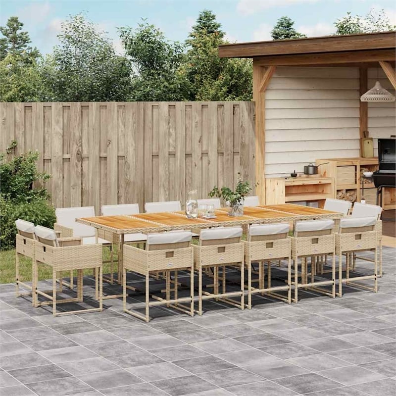 vidaXL 15 Piece Patio Dining Set with Cushions Beige Poly Rattan