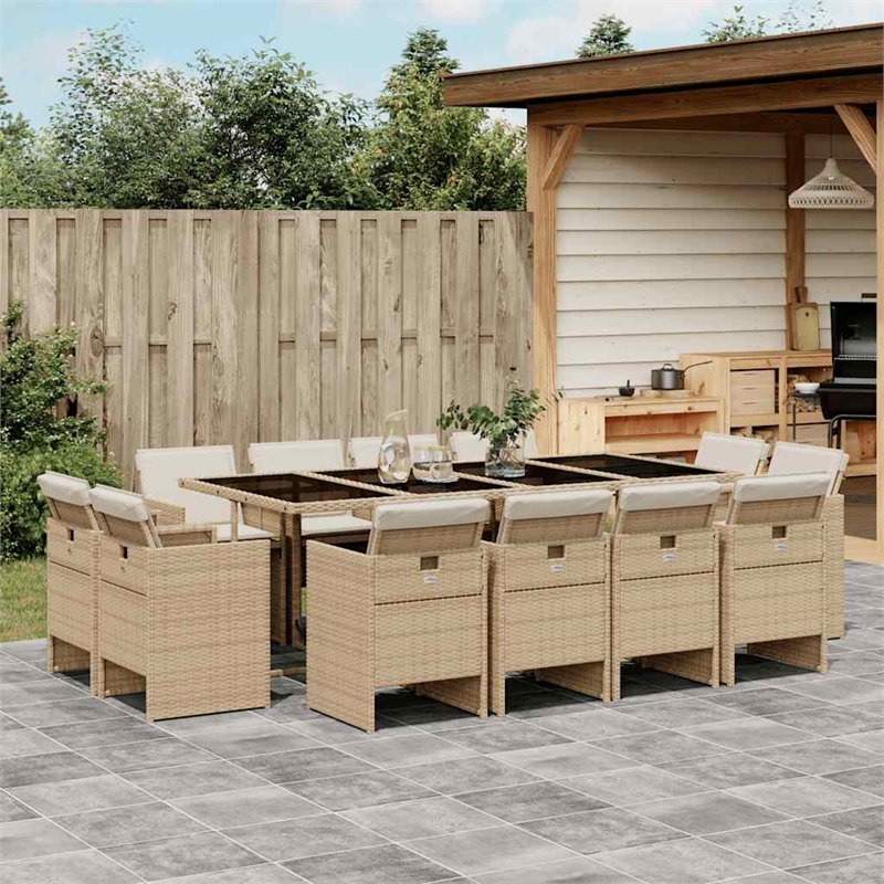 vidaXL 13 Piece Patio Dining Set with Cushions Beige Poly Rattan