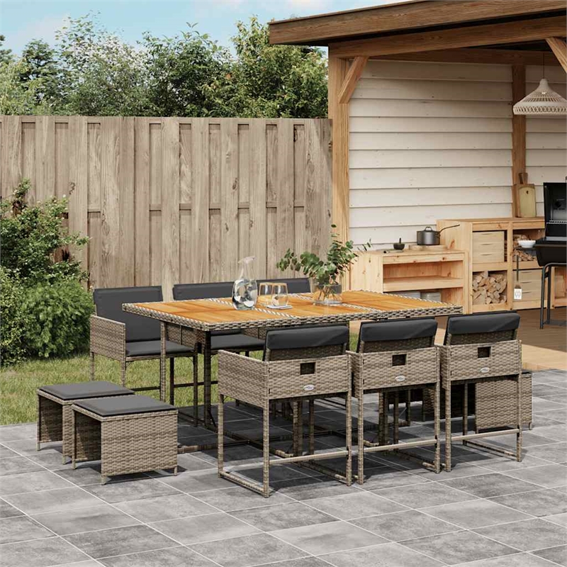 vidaXL 11 Piece Patio Dining Set with Cushions Gray Poly Rattan