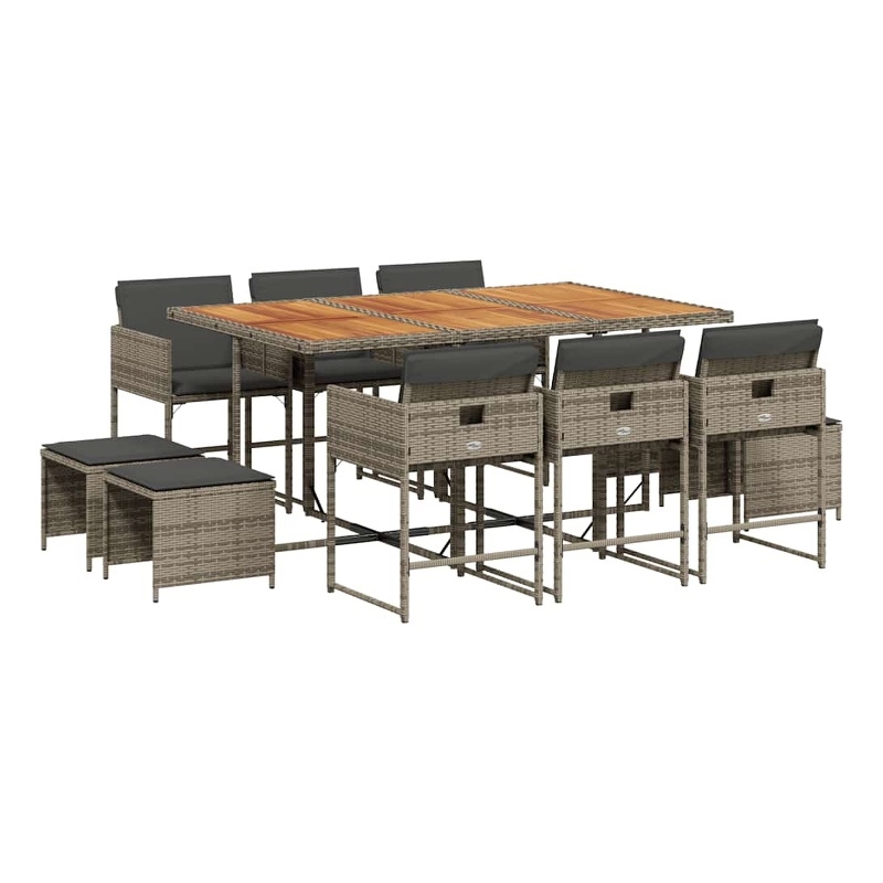 vidaXL 11 Piece Patio Dining Set with Cushions Gray Poly Rattan