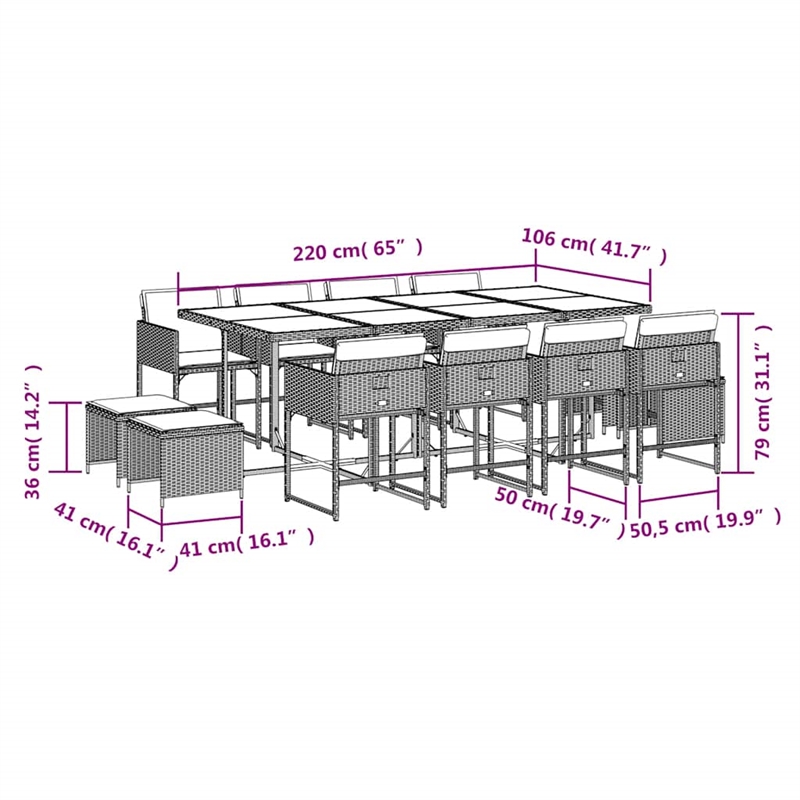 vidaXL 13 Piece Patio Dining Set with Cushions Black Poly Rattan