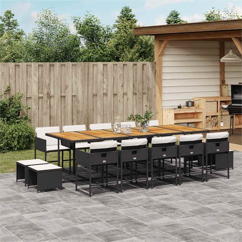 vidaXL 15 Piece Patio Dining Set with Cushions Black Poly Rattan