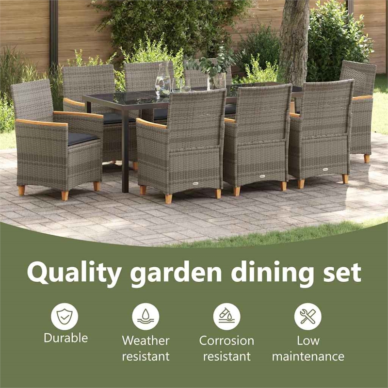 vidaXL Garden Dining Set 9 pcs Grey Poly Rattan