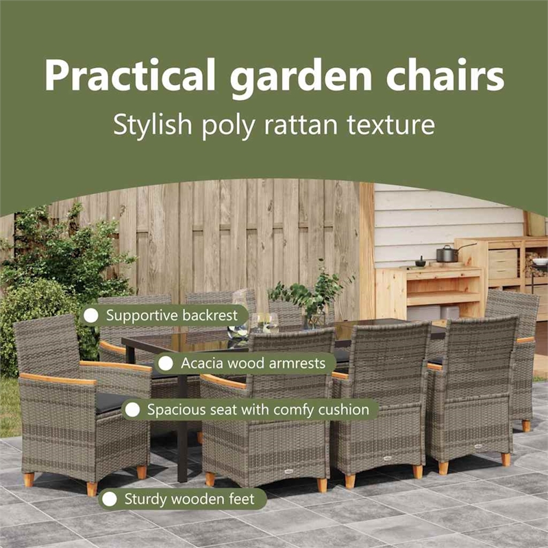 vidaXL Garden Dining Set 9 pcs Grey Poly Rattan