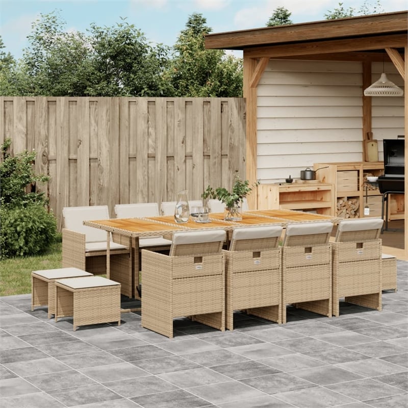 vidaXL 13 Piece Patio Dining Set with Cushions Beige Poly Rattan