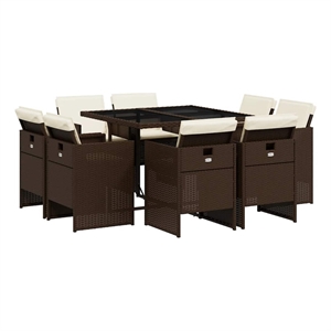 vidaXL 9 Piece Patio Dining Set with Cushions Brown Poly Rattan