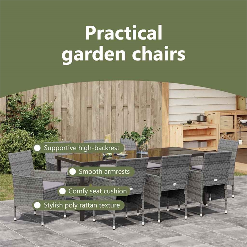 vidaXL Garden Dining Set 9 pcs Grey Poly Rattan