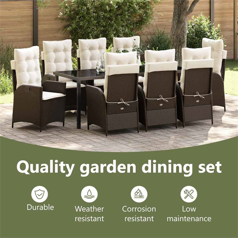 vidaXL Garden Dining Set 9 pcs Brown Poly Rattan