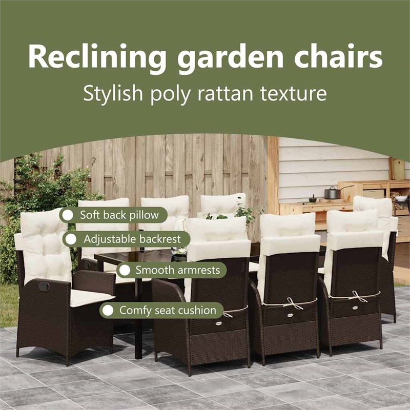 vidaXL Garden Dining Set 9 pcs Brown Poly Rattan