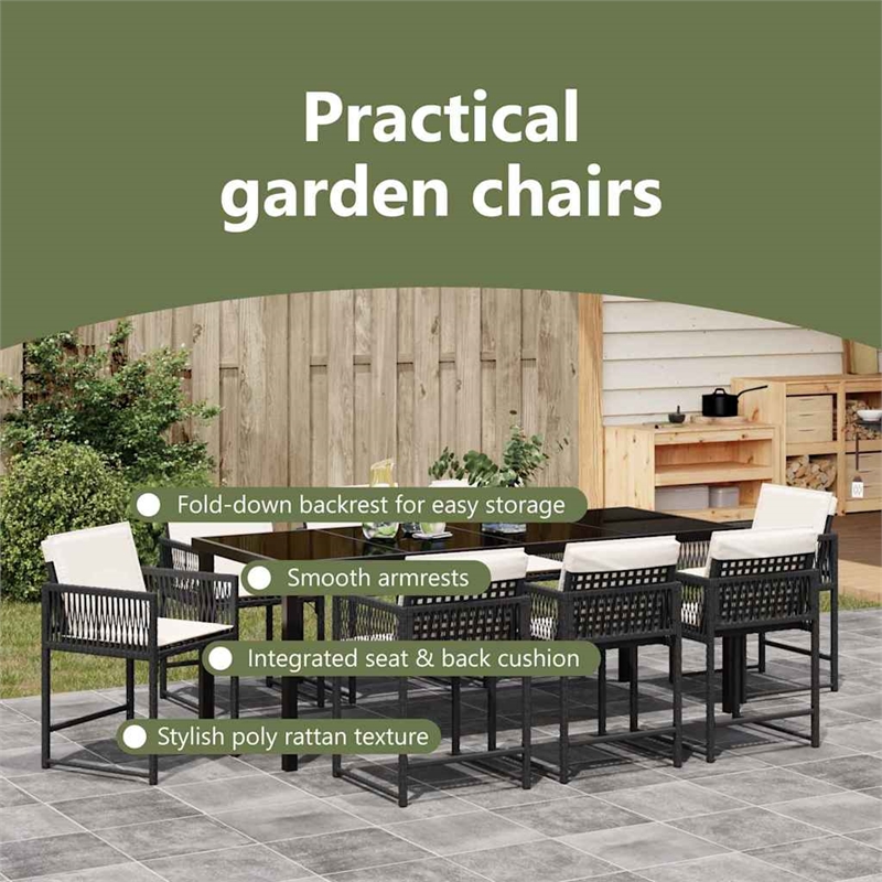 vidaXL Garden Dining Set 9 pcs Black Poly Rattan