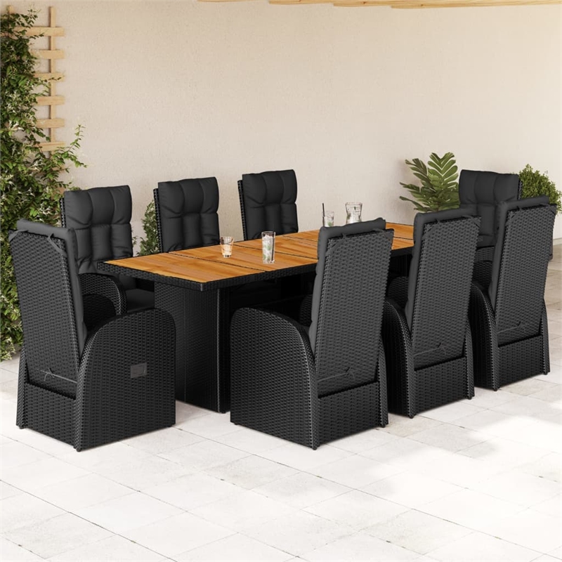 vidaXL 9 Piece Patio Dining Set with Cushions Black Poly Rattan