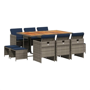 vidaXL 11 Piece Garden Dining Set with Cushions Grey Poly Rattan