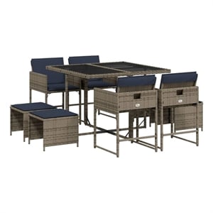 vidaXL 9 Piece Garden Dining Set with Cushions Grey Poly Rattan