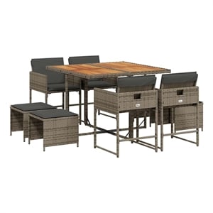 vidaXL 9 Piece Patio Dining Set with Cushions Gray Poly Rattan