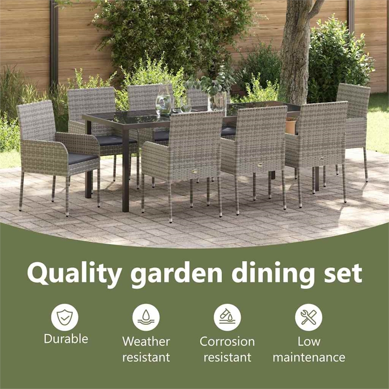 vidaXL Garden Dining Set 9 pcs Grey Poly Rattan