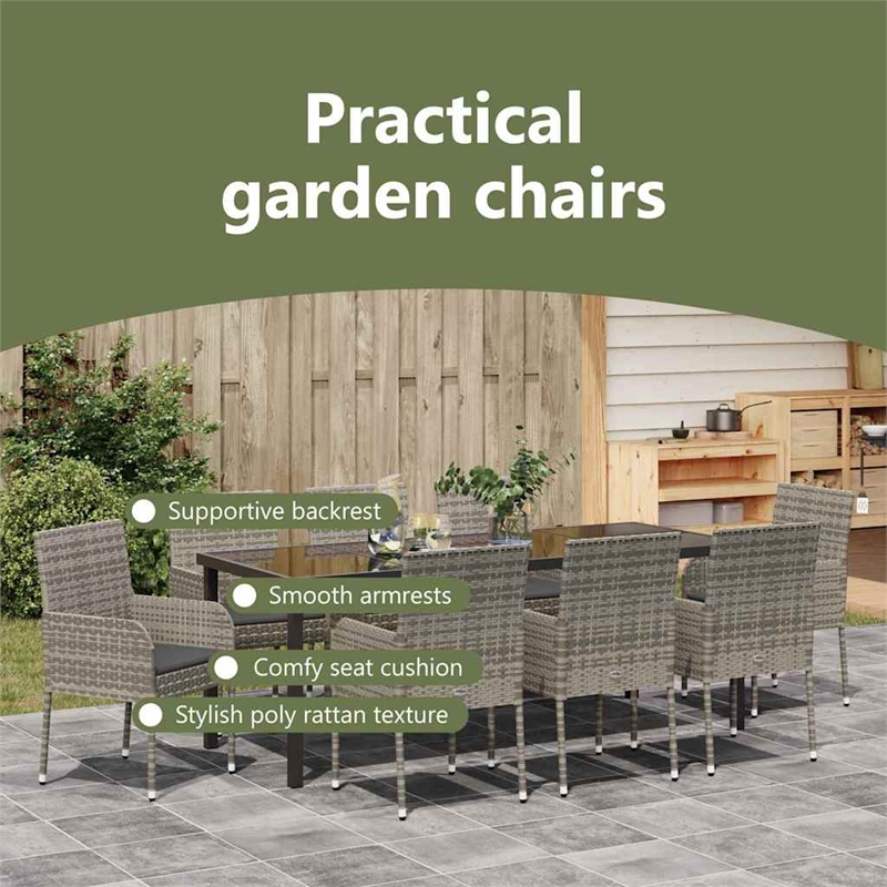 vidaXL Garden Dining Set 9 pcs Grey Poly Rattan