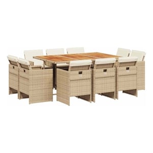 vidaXL 11 Piece Patio Dining Set with Cushions Beige Poly Rattan