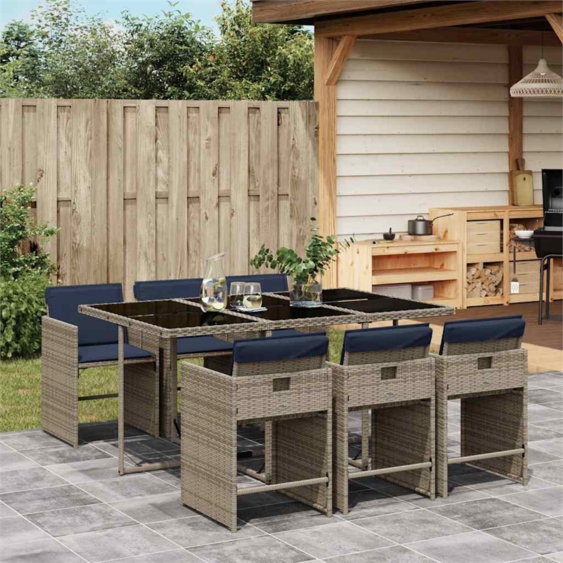 vidaXL 7 Piece Garden Dining Set with Cushions Grey Poly Rattan
