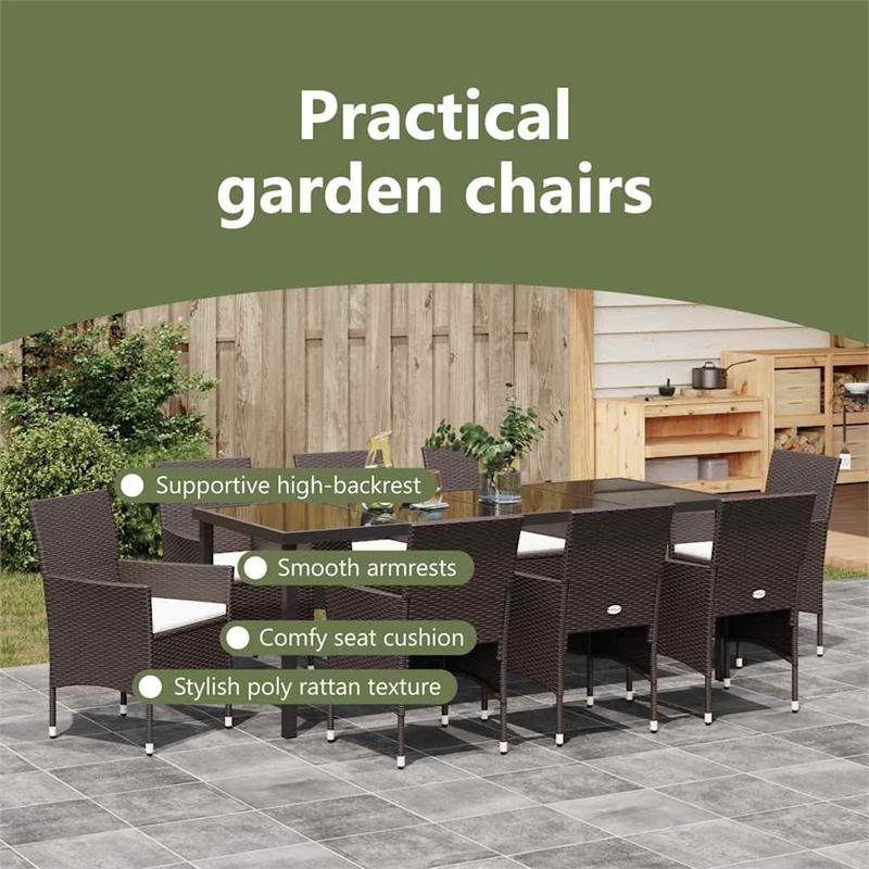 vidaXL Garden Dining Set 9 pcs Brown Poly Rattan