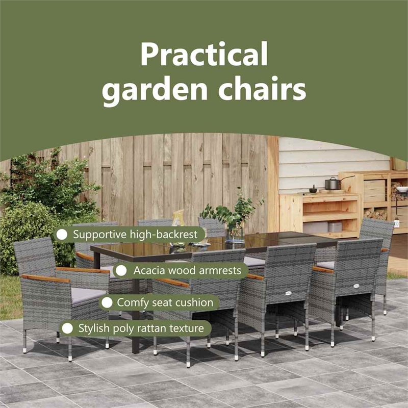 vidaXL Garden Dining Set 9 pcs Grey Poly Rattan