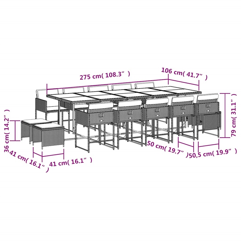 vidaXL 15 Piece Patio Dining Set with Cushions Brown Poly Rattan