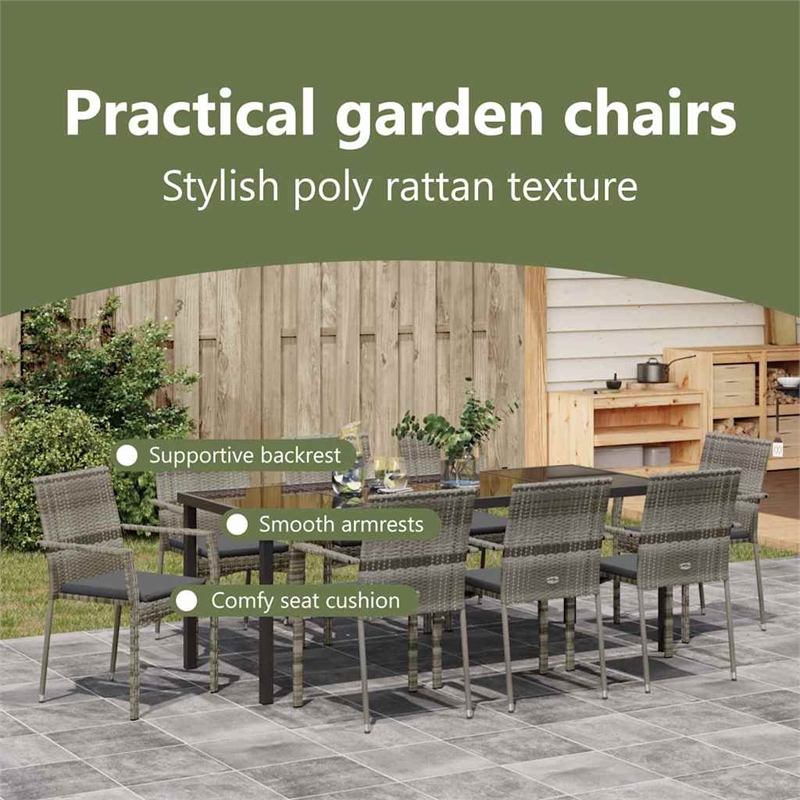 vidaXL Garden Dining Set 9 pcs Grey Poly Rattan