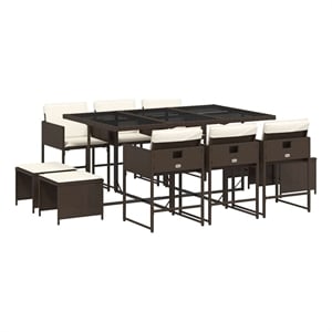 vidaXL 11 Piece Patio Dining Set with Cushions Brown Poly Rattan
