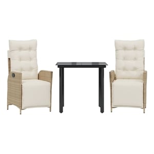 vidaXL 3 Piece Patio Dining Set with Cushions Beige Poly Rattan