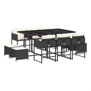 vidaXL 11 Piece Patio Dining Set with Cushions Black Poly Rattan