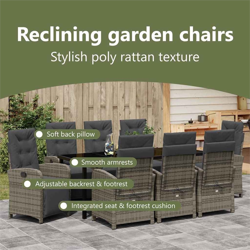 vidaXL Garden Dining Set 9 pcs Grey Poly Rattan