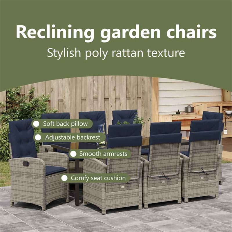 vidaXL Garden Dining Set 9 pcs Grey Poly Rattan