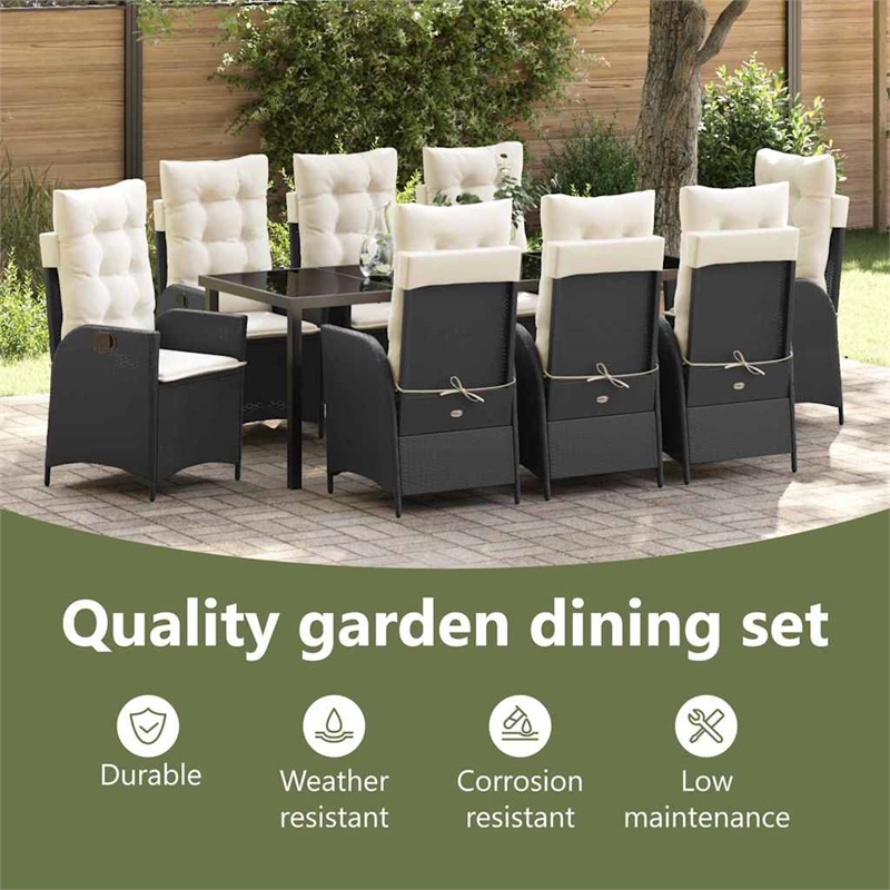 vidaXL Garden Dining Set 9 pcs Black Poly Rattan