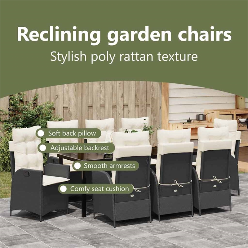 vidaXL Garden Dining Set 9 pcs Black Poly Rattan