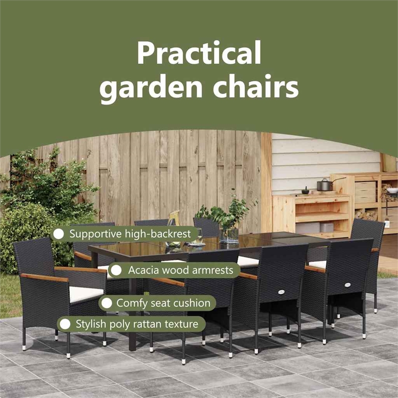 vidaXL Garden Dining Set 9 pcs Black Poly Rattan