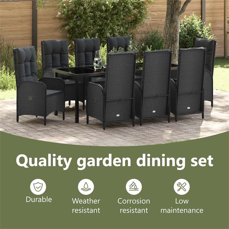 vidaXL Garden Dining Set 9 pcs Black Poly Rattan
