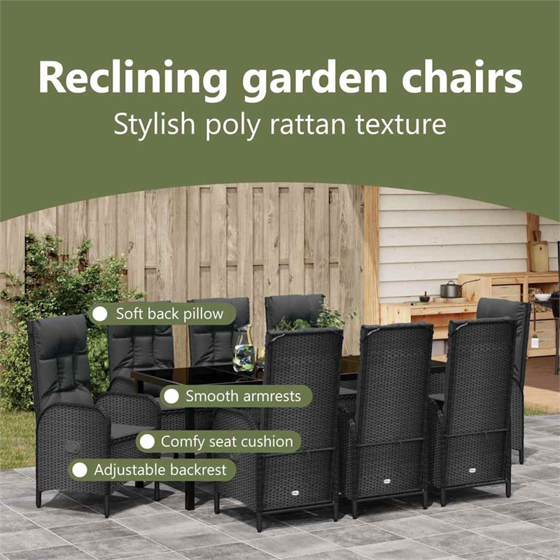 vidaXL Garden Dining Set 9 pcs Black Poly Rattan