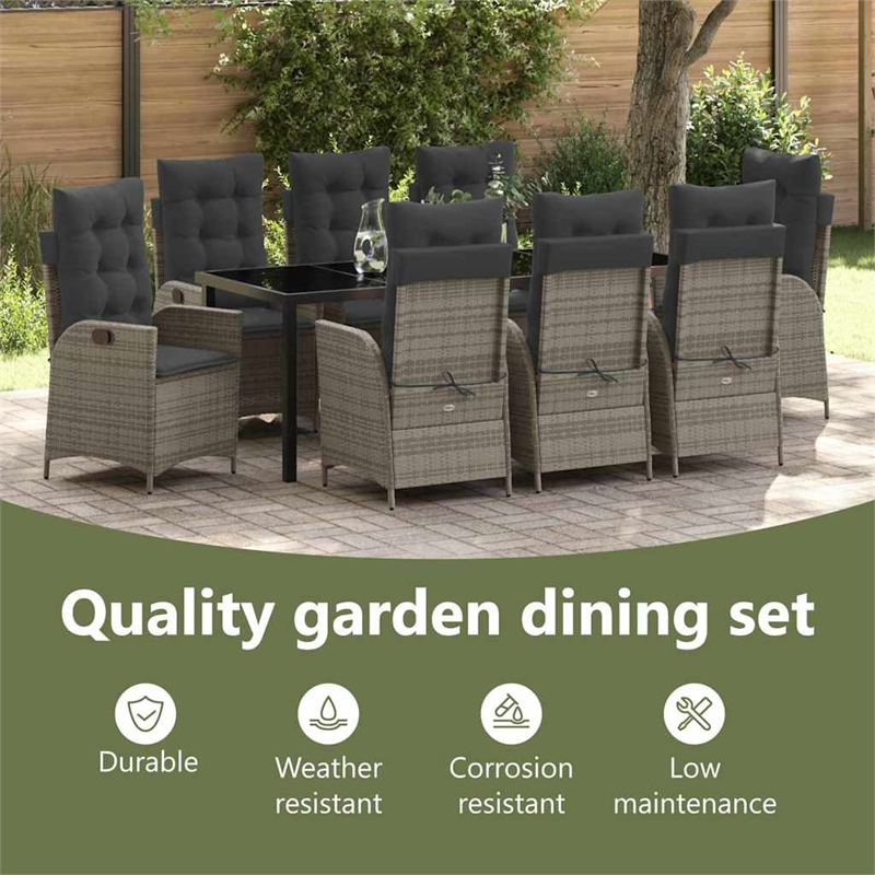 vidaXL Garden Dining Set 9 pcs Grey Poly Rattan