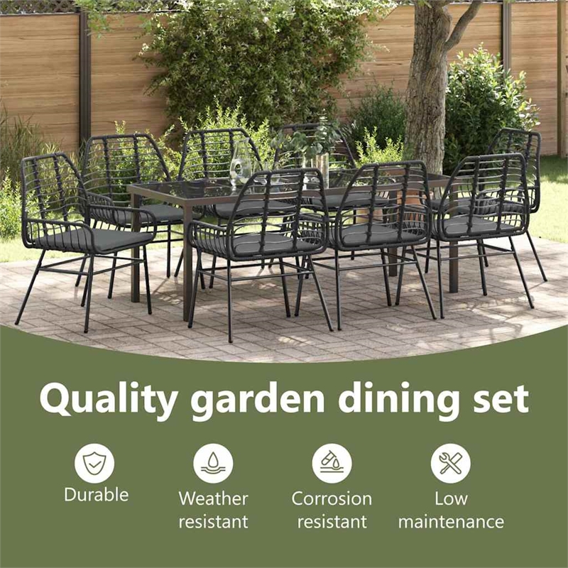 vidaXL Garden Dining Set 9 pcs Black Poly Rattan