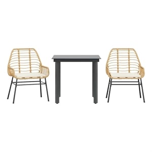 vidaXL 3 Piece Patio Dining Set with Cushions Brown Poly Rattan Glass