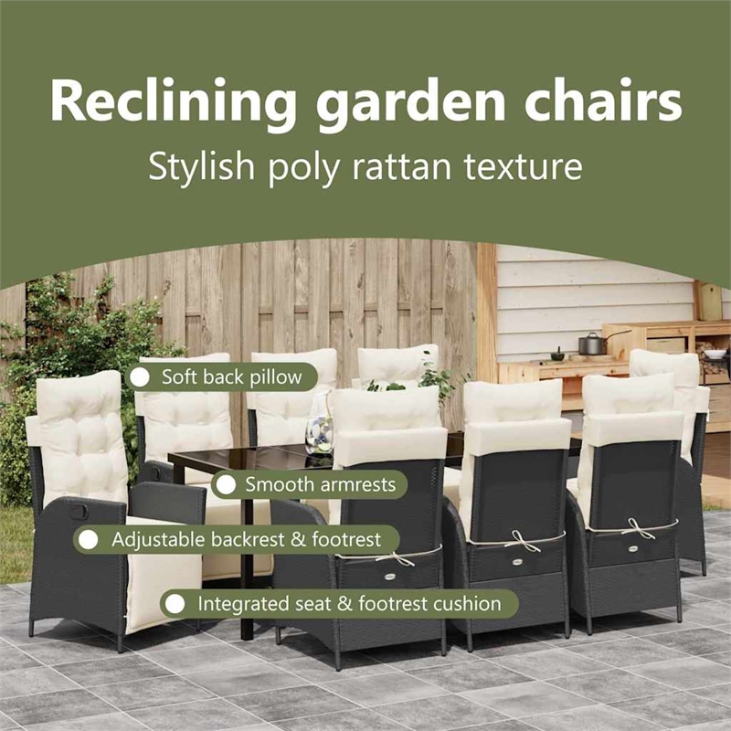 vidaXL Garden Dining Set 9 pcs Black Poly Rattan