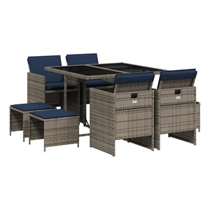 vidaXL 9 Piece Garden Dining Set with Cushions Grey Poly Rattan