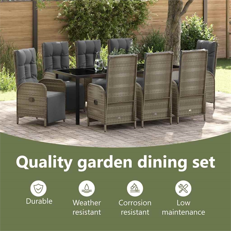 vidaXL Garden Dining Set 9 pcs Grey Poly Rattan