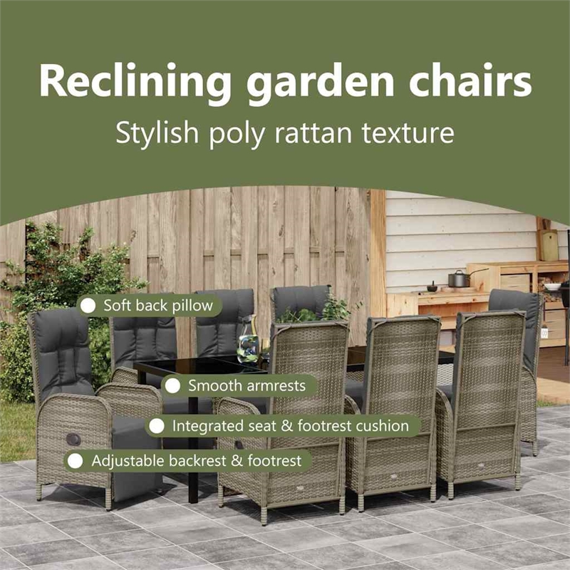 vidaXL Garden Dining Set 9 pcs Grey Poly Rattan