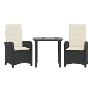 vidaXL 3 Piece Patio Dining Set with Cushions Black Poly Rattan